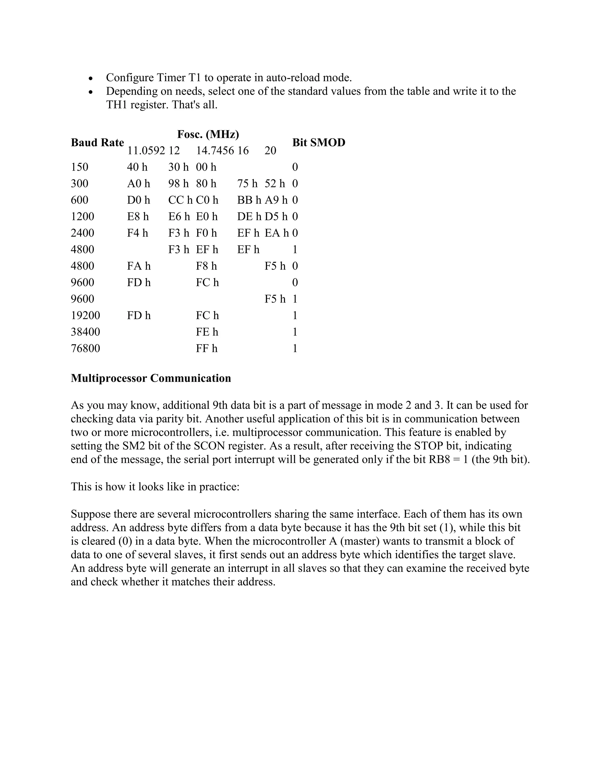 Configure Timer T1 to operate in auto-reload mode.
        Depending on needs, select one of the standard values from the table and write it to the
        TH1 register. That's all.

                     Fosc. (MHz)
Baud Rate                                Bit SMOD
            11.0592 12 14.7456 16 20
150         40 h    30 h 00 h            0
300         A0 h    98 h 80 h  75 h 52 h 0
600         D0 h    CC h C0 h  BB h A9 h 0
1200        E8 h    E6 h E0 h  DE h D5 h 0
2400        F4 h    F3 h F0 h  EF h EA h 0
4800                F3 h EF h  EF h      1
4800        FA h         F8 h       F5 h 0
9600        FD h         FC h            0
9600                                F5 h 1
19200       FD h         FC h            1
38400                    FE h            1
76800                    FF h            1

Multiprocessor Communication

As you may know, additional 9th data bit is a part of message in mode 2 and 3. It can be used for
checking data via parity bit. Another useful application of this bit is in communication between
two or more microcontrollers, i.e. multiprocessor communication. This feature is enabled by
setting the SM2 bit of the SCON register. As a result, after receiving the STOP bit, indicating
end of the message, the serial port interrupt will be generated only if the bit RB8 = 1 (the 9th bit).

This is how it looks like in practice:

Suppose there are several microcontrollers sharing the same interface. Each of them has its own
address. An address byte differs from a data byte because it has the 9th bit set (1), while this bit
is cleared (0) in a data byte. When the microcontroller A (master) wants to transmit a block of
data to one of several slaves, it first sends out an address byte which identifies the target slave.
An address byte will generate an interrupt in all slaves so that they can examine the received byte
and check whether it matches their address.
 