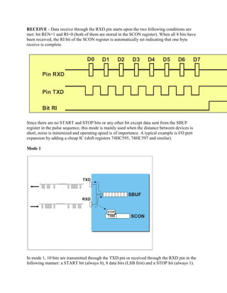 RECEIVE - Data receive through the RXD pin starts upon the two following conditions are
met: bit REN=1 and RI=0 (both of them are stored in the SCON register). When all 8 bits have
been received, the RI bit of the SCON register is automatically set indicating that one byte
receive is complete.




Since there are no START and STOP bits or any other bit except data sent from the SBUF
register in the pulse sequence, this mode is mainly used when the distance between devices is
short, noise is minimized and operating speed is of importance. A typical example is I/O port
expansion by adding a cheap IC (shift registers 74HC595, 74HC597 and similar).

Mode 1




In mode 1, 10 bits are transmitted through the TXD pin or received through the RXD pin in the
following manner: a START bit (always 0), 8 data bits (LSB first) and a STOP bit (always 1).
 
