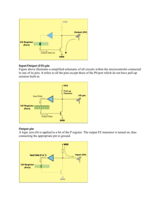 Input/Output (I/O) pin
Figure above illustrates a simplified schematic of all circuits within the microcontroler connected
to one of its pins. It refers to all the pins except those of the P0 port which do not have pull-up
resistors built-in.




Output pin
A logic zero (0) is applied to a bit of the P register. The output FE transistor is turned on, thus
connecting the appropriate pin to ground.
 