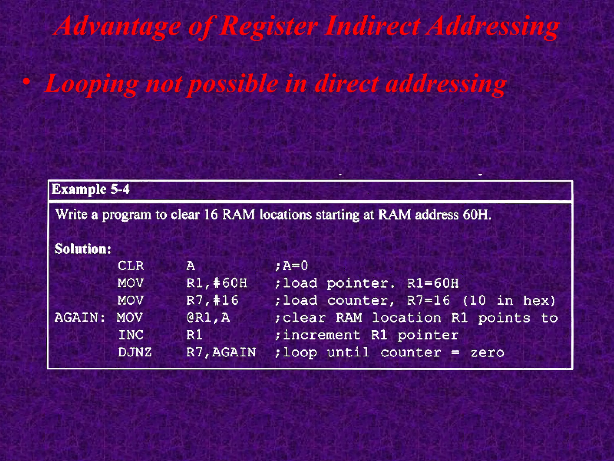 Advantage of Register Indirect Addressing
• Looping not possible in direct addressing
 