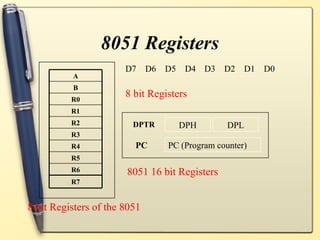 8051 Registers
                       D7     D6   D5    D4 D3   D2     D1   D0
          A
          B
          R0
                       8 bit Registers
          R1
          R2             DPTR           DPH       DPL
          R3
          R4             PC        PC (Program counter)
          R5
          R6           8051 16 bit Registers
          R7


8 bit Registers of the 8051
 