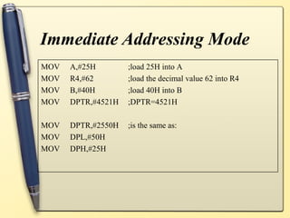 Immediate Addressing Mode
MOV   A,#25H        ;load 25H into A
MOV   R4,#62        ;load the decimal value 62 into R4
MOV   B,#40H        ;load 40H into B
MOV   DPTR,#4521H   ;DPTR=4521H

MOV   DPTR,#2550H   ;is the same as:
MOV   DPL,#50H
MOV   DPH,#25H
 