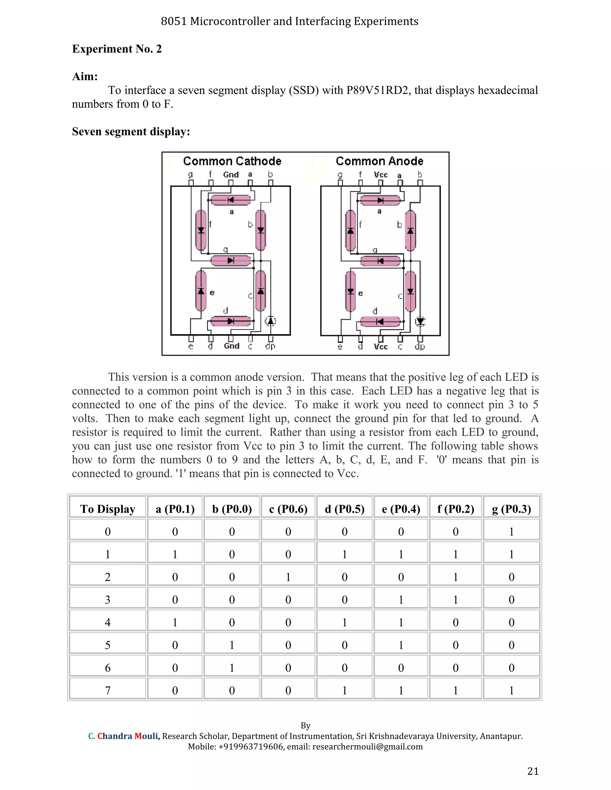 8051 Microcontroller and Interfacing Experiments
Experiment No. 2
Aim:
To interface a seven segment display (SSD) with P89V51RD2, that displays hexadecimal
numbers from 0 to F.
Seven segment display:
This version is a common anode version. That means that the positive leg of each LED is
connected to a common point which is pin 3 in this case. Each LED has a negative leg that is
connected to one of the pins of the device. To make it work you need to connect pin 3 to 5
volts. Then to make each segment light up, connect the ground pin for that led to ground. A
resistor is required to limit the current. Rather than using a resistor from each LED to ground,
you can just use one resistor from Vcc to pin 3 to limit the current. The following table shows
how to form the numbers 0 to 9 and the letters A, b, C, d, E, and F. '0' means that pin is
connected to ground. '1' means that pin is connected to Vcc.
To Display a (P0.1) b (P0.0) c (P0.6) d (P0.5) e (P0.4) f (P0.2) g (P0.3)
0 0 0 0 0 0 0 1
1 1 0 0 1 1 1 1
2 0 0 1 0 0 1 0
3 0 0 0 0 1 1 0
4 1 0 0 1 1 0 0
5 0 1 0 0 1 0 0
6 0 1 0 0 0 0 0
7 0 0 0 1 1 1 1
By
C. Chandra Mouli, Research Scholar, Department of Instrumentation, Sri Krishnadevaraya University, Anantapur.
Mobile: +919963719606, email: researchermouli@gmail.com
21
 