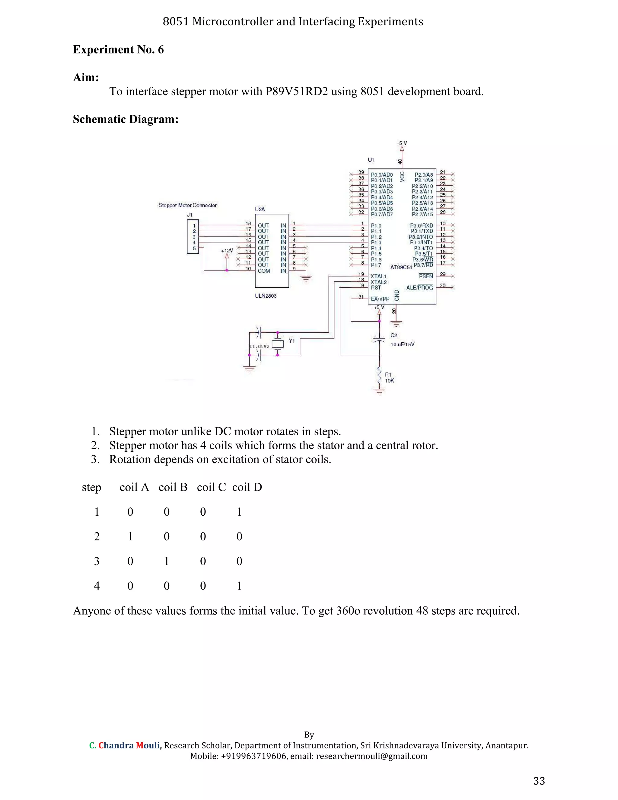 8051 Microcontroller and Interfacing Experiments
Experiment No. 6
Aim:
To interface stepper motor with P89V51RD2 using 8051 development board.
Schematic Diagram:
1. Stepper motor unlike DC motor rotates in steps.
2. Stepper motor has 4 coils which forms the stator and a central rotor.
3. Rotation depends on excitation of stator coils.
step coil A coil B coil C coil D
1 0 0 0 1
2 1 0 0 0
3 0 1 0 0
4 0 0 0 1
Anyone of these values forms the initial value. To get 360o revolution 48 steps are required.
By
C. Chandra Mouli, Research Scholar, Department of Instrumentation, Sri Krishnadevaraya University, Anantapur.
Mobile: +919963719606, email: researchermouli@gmail.com
33
 