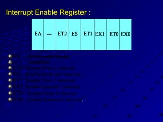 Interrupt Enable Register :Interrupt Enable Register :
EA : Global enable/disable.
--- : Undefined.
ET2 :Enable Timer 2 interrupt.
ES :Enable Serial port interrupt.
ET1 :Enable Timer 1 interrupt.
EX1 :Enable External 1 interrupt.
ET0 : Enable Timer 0 interrupt.
EX0 : Enable External 0 interrupt..
 