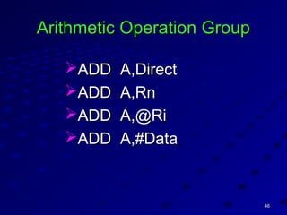 4646
Arithmetic Operation GroupArithmetic Operation Group
ADD A,DirectADD A,Direct
ADD A,RnADD A,Rn
ADD A,@RiADD A,@Ri
ADD A,#DataADD A,#Data
 