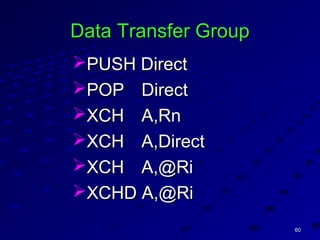 6060
Data Transfer GroupData Transfer Group
PUSH DirectPUSH Direct
POPPOP DirectDirect
XCHXCH A,RnA,Rn
XCHXCH A,DirectA,Direct
XCHXCH A,@RiA,@Ri
XCHD A,@RiXCHD A,@Ri
 