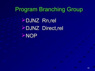 6868
Program Branching GroupProgram Branching Group
DJNZ Rn,relDJNZ Rn,rel
DJNZ Direct,relDJNZ Direct,rel
NOPNOP
 