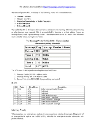 This tutorial is downloaded from https://sites.google.com/site/enggprojectece
We can configure the 8051 so that any of the following events will cause an interrupt:
 Timer 0 Overflow.
 Timer 1 Overflow.
 Reception/Transmission of Serial Character.
 External Event 0.
 External Event 1.
We need to be able to distinguish between various interrupts and executing different code depending
on what interrupt was triggered. This is accomplished by jumping to a fixed address (known as
interrupt vector) when a given interrupt occurs. These addresses are stored in a inbuilt table inside the
microcontroller called interrupt vector table.
The Interrupt Vector Table of 8051 Microcontroller
(In order of polling sequence)
The SFRs used for setting and controlling interrupts in 8051 are:
1. Interrupt Enable (IE) SFR: Address 0A8h
2. Interrupt Priority (IP) SFR: Address 0B8h
3. Lower 4 bits of the TCON SFR for external interrupt control
IE SFR
Bit Name Bit Address Description
7 EA AFh Global Interrupt Enable/Disable
6 - AEh Undefined
5 - ADh Undefined
4 ES Ach Enable Serial Interrupt
3 ET1 ABh Enable Timer 1 Interrupt
2 EX1 AAh Enable External 1 Interrupt
1 ET0 A9h Enable Timer 0 Interrupt
0 EX0 A8h Enable External 0 Interrupt
Interrupt Priority
When more than one interrupts are enabled, it is necessary to set priority of interrupts. The priority of
an interrupt can be high or low. A high priority interrupt can interrupt the service routine of a low
priority interrupt.
 