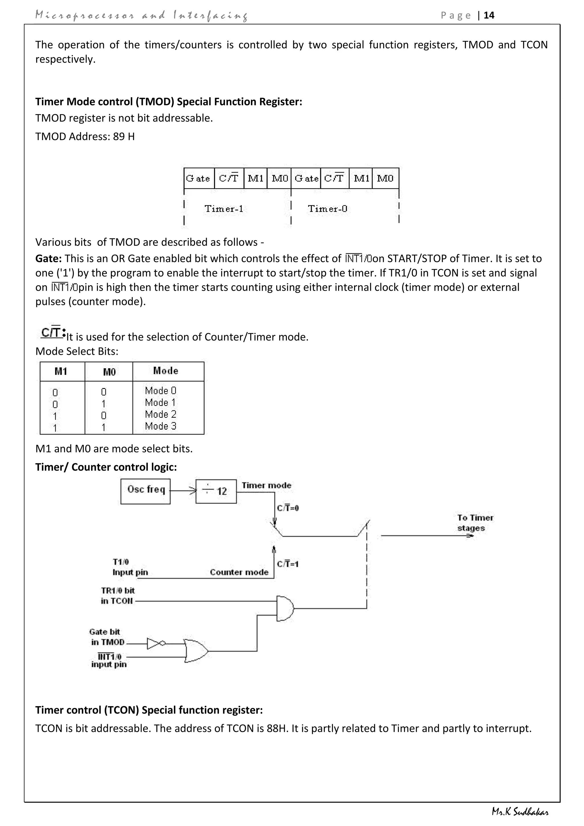 Microprocessor and Interfacing                                                          P a g e | 14

The operation of the timers/counters is controlled by two special function registers, TMOD and TCON
respectively.


Timer Mode control (TMOD) Special Function Register:
TMOD register is not bit addressable.
TMOD Address: 89 H




Various bits of TMOD are described as follows -
Gate: This is an OR Gate enabled bit which controls the effect of         on START/STOP of Timer. It is set to
one ('1') by the program to enable the interrupt to start/stop the timer. If TR1/0 in TCON is set and signal
on        pin is high then the timer starts counting using either internal clock (timer mode) or external
pulses (counter mode).


     It is used for the selection of Counter/Timer mode.
Mode Select Bits:




M1 and M0 are mode select bits.
Timer/ Counter control logic:




Timer control (TCON) Special function register:
TCON is bit addressable. The address of TCON is 88H. It is partly related to Timer and partly to interrupt.




                                                                                                   Mr.K Sudhakar
 