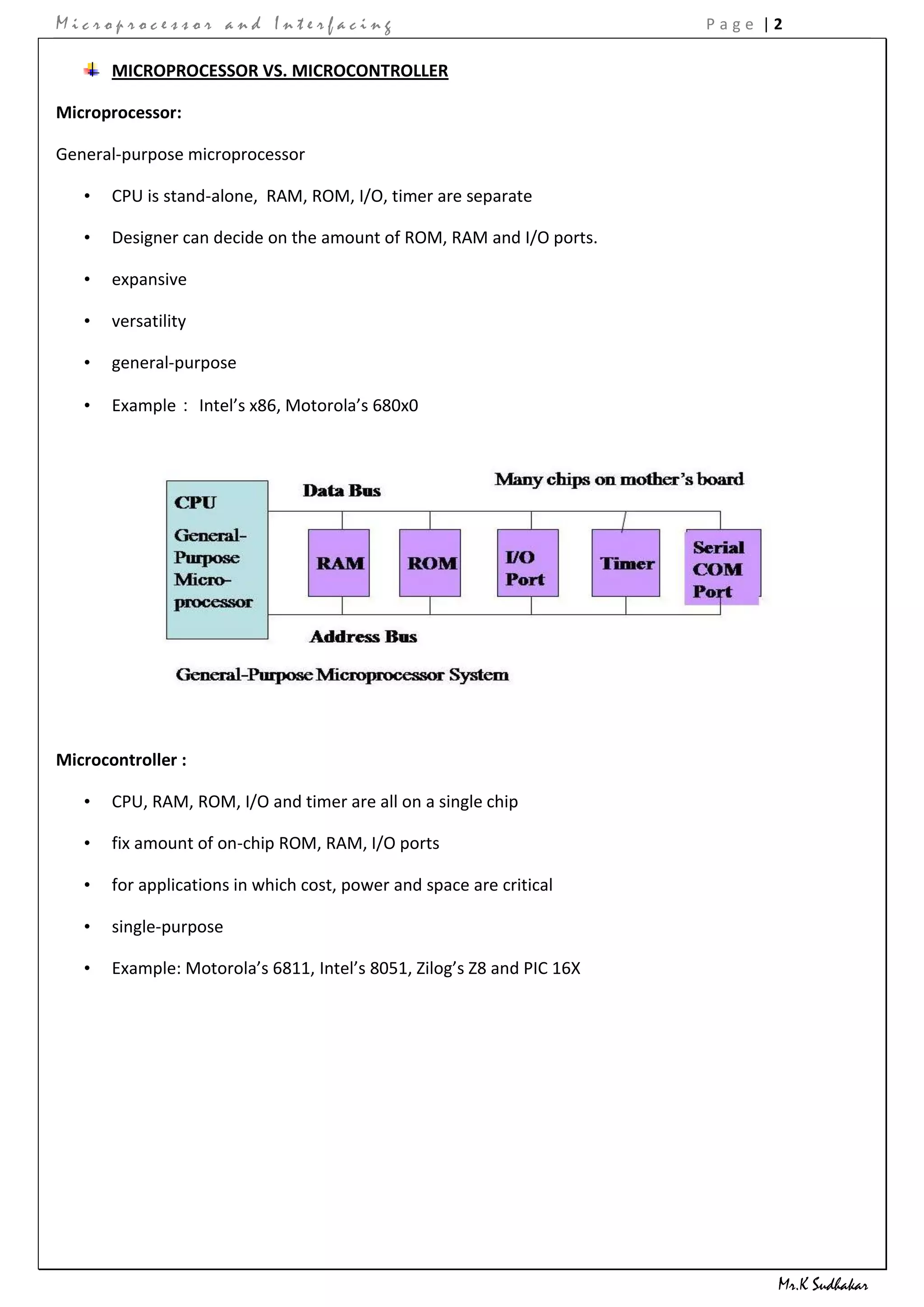 Microprocessor and Interfacing                                          Page |2

       MICROPROCESSOR VS. MICROCONTROLLER

Microprocessor:

General-purpose microprocessor

   •   CPU is stand-alone, RAM, ROM, I/O, timer are separate

   •   Designer can decide on the amount of ROM, RAM and I/O ports.

   •   expansive

   •   versatility

   •   general-purpose

   •   Example： Intel’s x86, Motorola’s 680x0




Microcontroller :

   •   CPU, RAM, ROM, I/O and timer are all on a single chip

   •   fix amount of on-chip ROM, RAM, I/O ports

   •   for applications in which cost, power and space are critical

   •   single-purpose

   •   Example: Motorola’s 6811, Intel’s 8051, Zilog’s Z8 and PIC 16X




                                                                              Mr.K Sudhakar
 