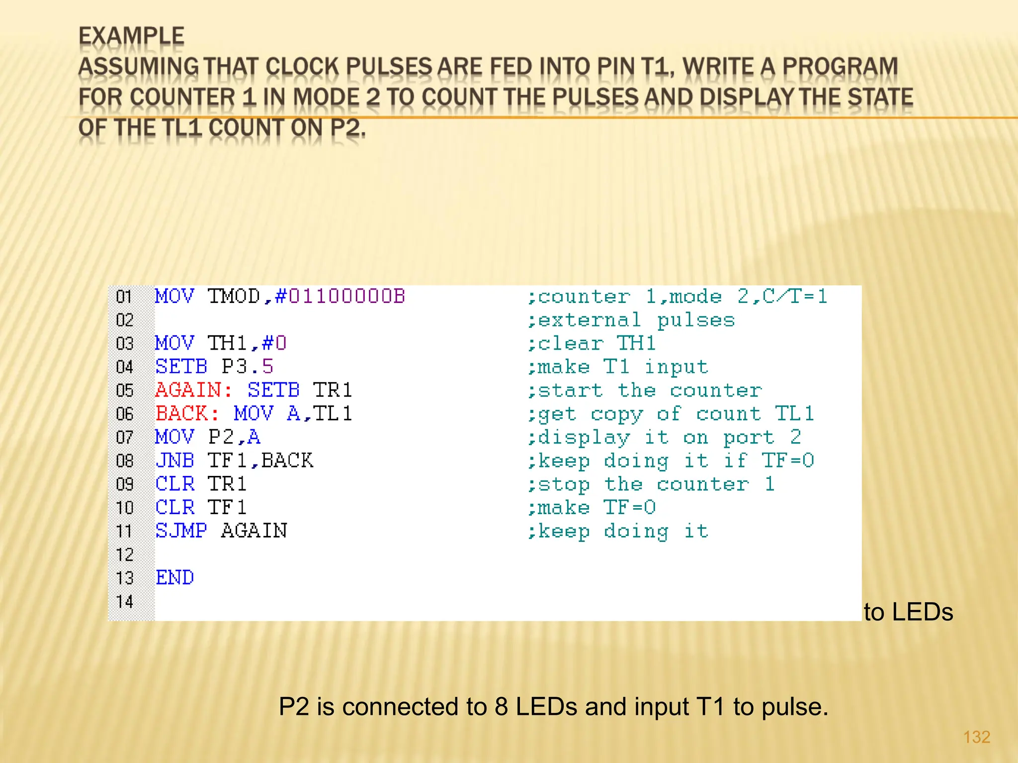 132 P2 is connected to 8 LEDs and input T1 to pulse. to LEDs 