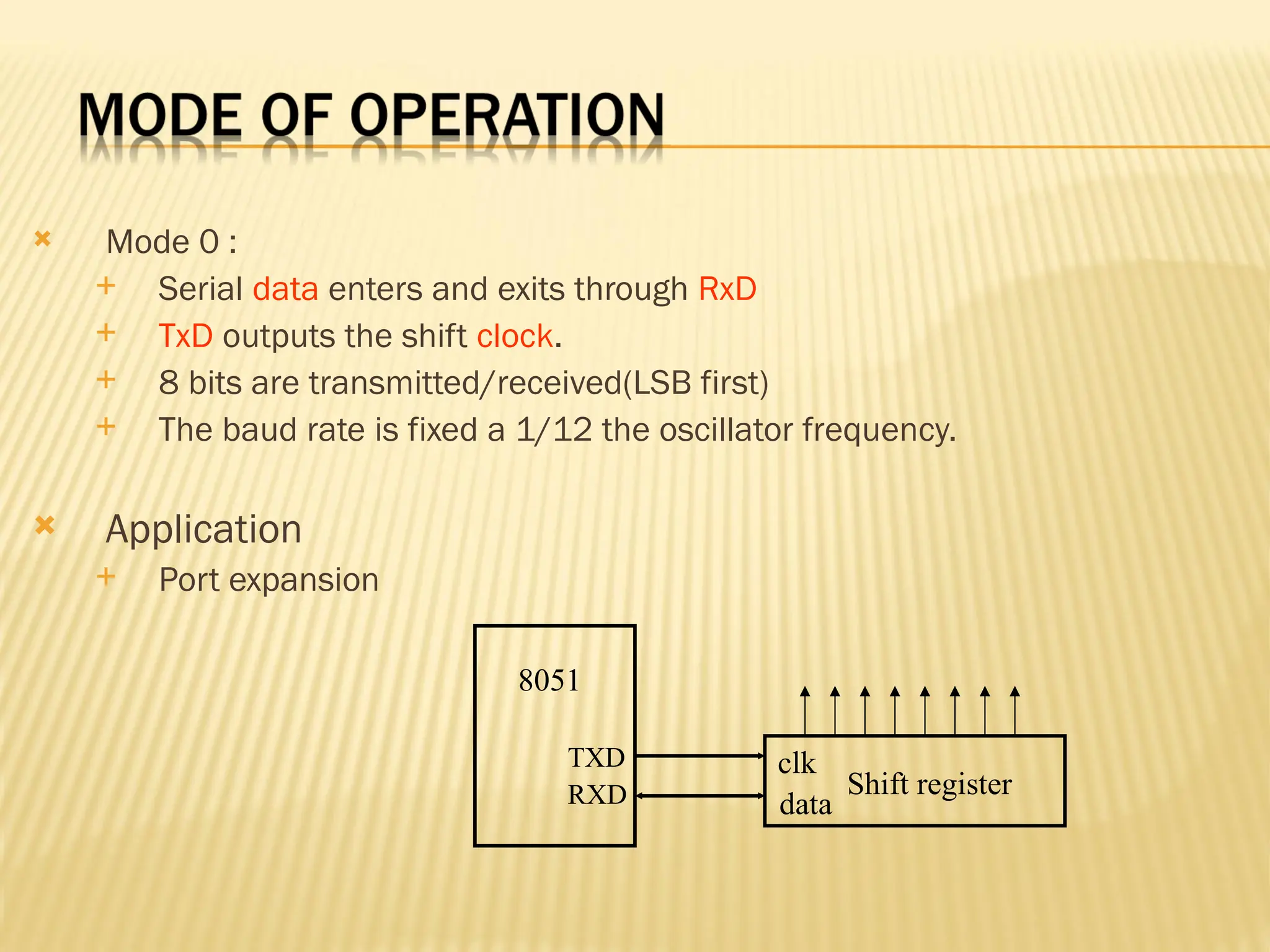  Mode 0 :  Serial data enters and exits through RxD  TxD outputs the shift clock.  8 bits are transmitted/received(LSB first)  The baud rate is fixed a 1/12 the oscillator frequency.  Application  Port expansion 8051 TXD RXD Shift register clk data 