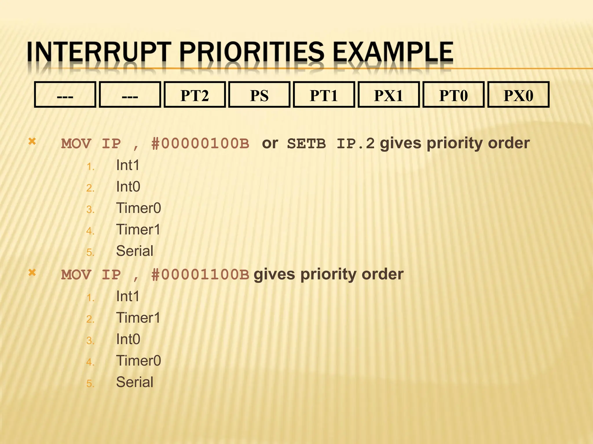  MOV IP , #00000100B or SETB IP.2 gives priority order 1. Int1 2. Int0 3. Timer0 4. Timer1 5. Serial  MOV IP , #00001100B gives priority order 1. Int1 2. Timer1 3. Int0 4. Timer0 5. Serial --- PX0 PT0 PX1 PT1 PS PT2 --- 