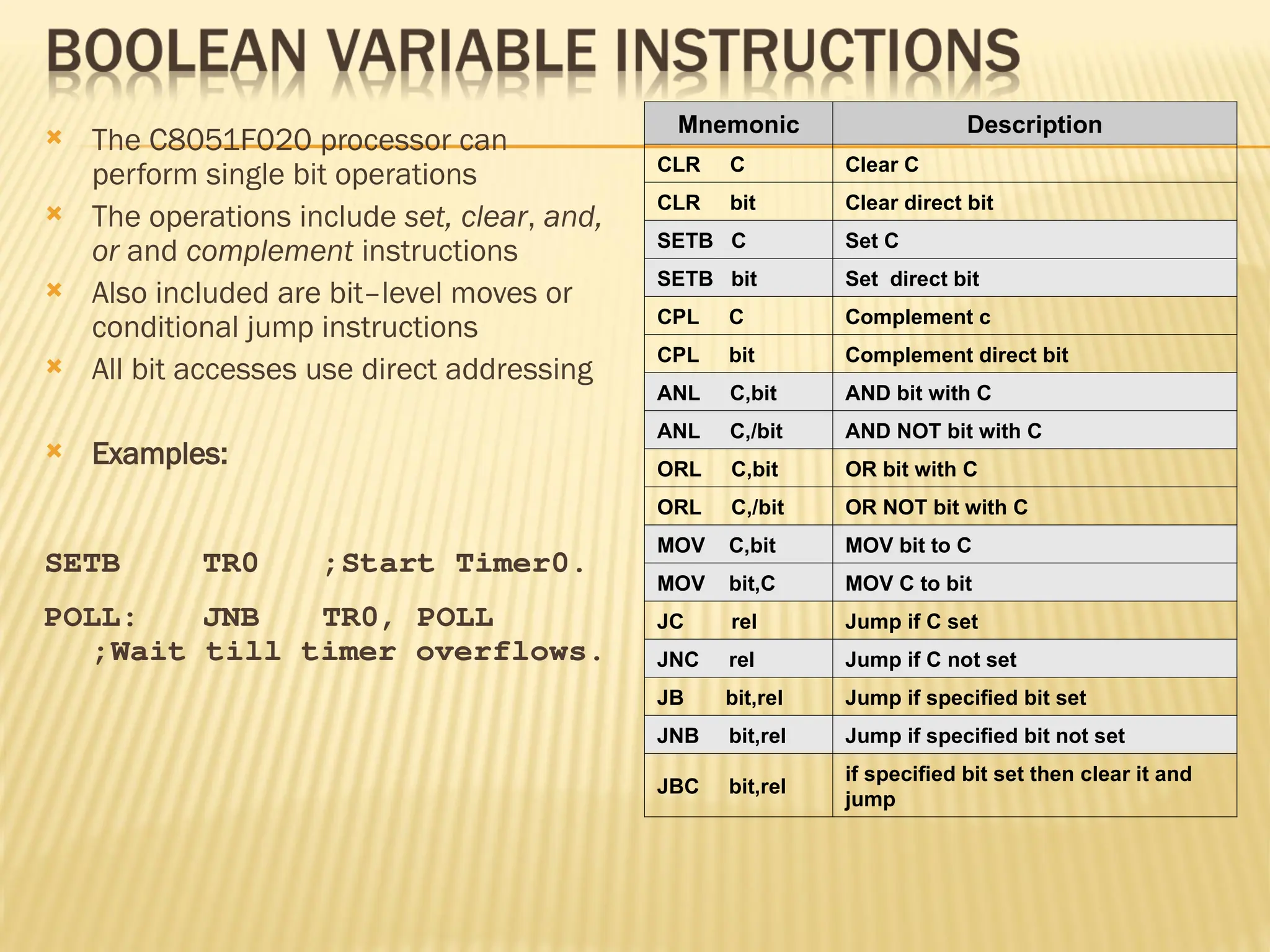  The C8051F020 processor can perform single bit operations  The operations include set, clear, and, or and complement instructions  Also included are bit–level moves or conditional jump instructions  All bit accesses use direct addressing  Examples: SETB TR0 ;Start Timer0. POLL: JNB TR0, POLL ;Wait till timer overflows. Mnemonic Description CLR C Clear C CLR bit Clear direct bit SETB C Set C SETB bit Set direct bit CPL C Complement c CPL bit Complement direct bit ANL C,bit AND bit with C ANL C,/bit AND NOT bit with C ORL C,bit OR bit with C ORL C,/bit OR NOT bit with C MOV C,bit MOV bit to C MOV bit,C MOV C to bit JC rel Jump if C set JNC rel Jump if C not set JB bit,rel Jump if specified bit set JNB bit,rel Jump if specified bit not set JBC bit,rel if specified bit set then clear it and jump 