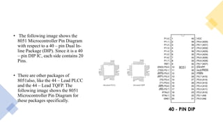 • The following image shows the
8051 Microcontroller Pin Diagram
with respect to a 40 – pin Dual In-
line Package (DIP). Since it is a 40
– pin DIP IC, each side contains 20
Pins.
• There are other packages of
8051also, like the 44 – Lead PLCC
and the 44 – Lead TQFP. The
following image shows the 8051
Microcontroller Pin Diagram for
these packages specifically.
 