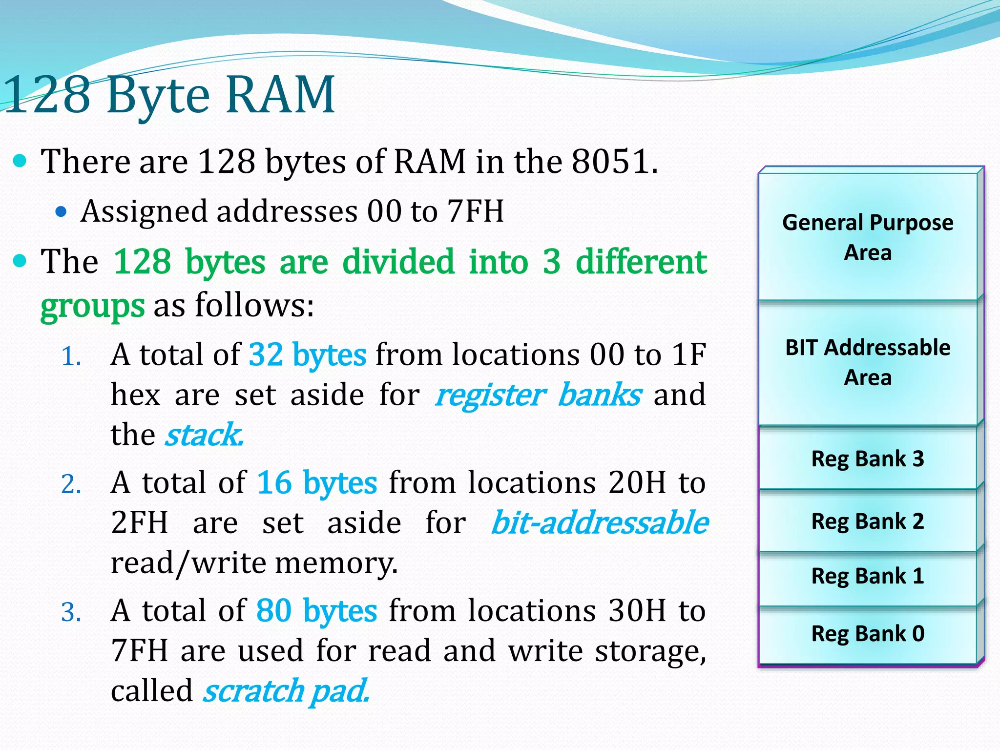 128 Byte RAM
 There are 128 bytes of RAM in the 8051.
 Assigned addresses 00 to 7FH
 The 128 bytes are divided into 3 different
groups as follows:
1. A total of 32 bytes from locations 00 to 1F
hex are set aside for register banks and
the stack.
2. A total of 16 bytes from locations 20H to
2FH are set aside for bit-addressable
read/write memory.
3. A total of 80 bytes from locations 30H to
7FH are used for read and write storage,
called scratch pad.
128 BYTE
INTERNAL RAM
Register Banks
Reg Bank 0
Reg Bank 1
Reg Bank 2
Reg Bank 3
BIT Addressable
Area
General Purpose
Area
 