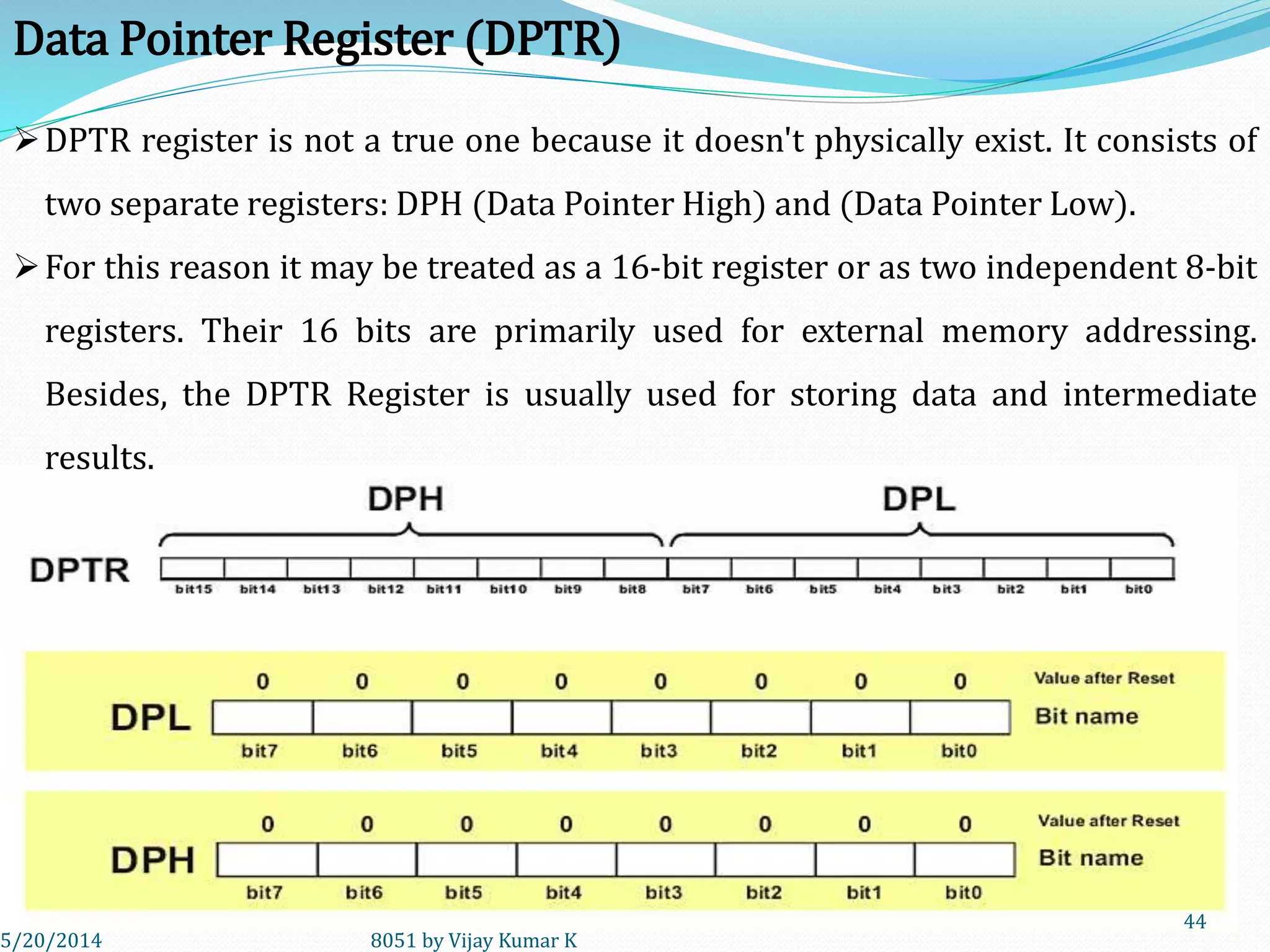 5/20/2014 8051 by Vijay Kumar K
44
DPTR register is not a true one because it doesn't physically exist. It consists of
two separate registers: DPH (Data Pointer High) and (Data Pointer Low).
For this reason it may be treated as a 16-bit register or as two independent 8-bit
registers. Their 16 bits are primarily used for external memory addressing.
Besides, the DPTR Register is usually used for storing data and intermediate
results.
Data Pointer Register (DPTR)
 
