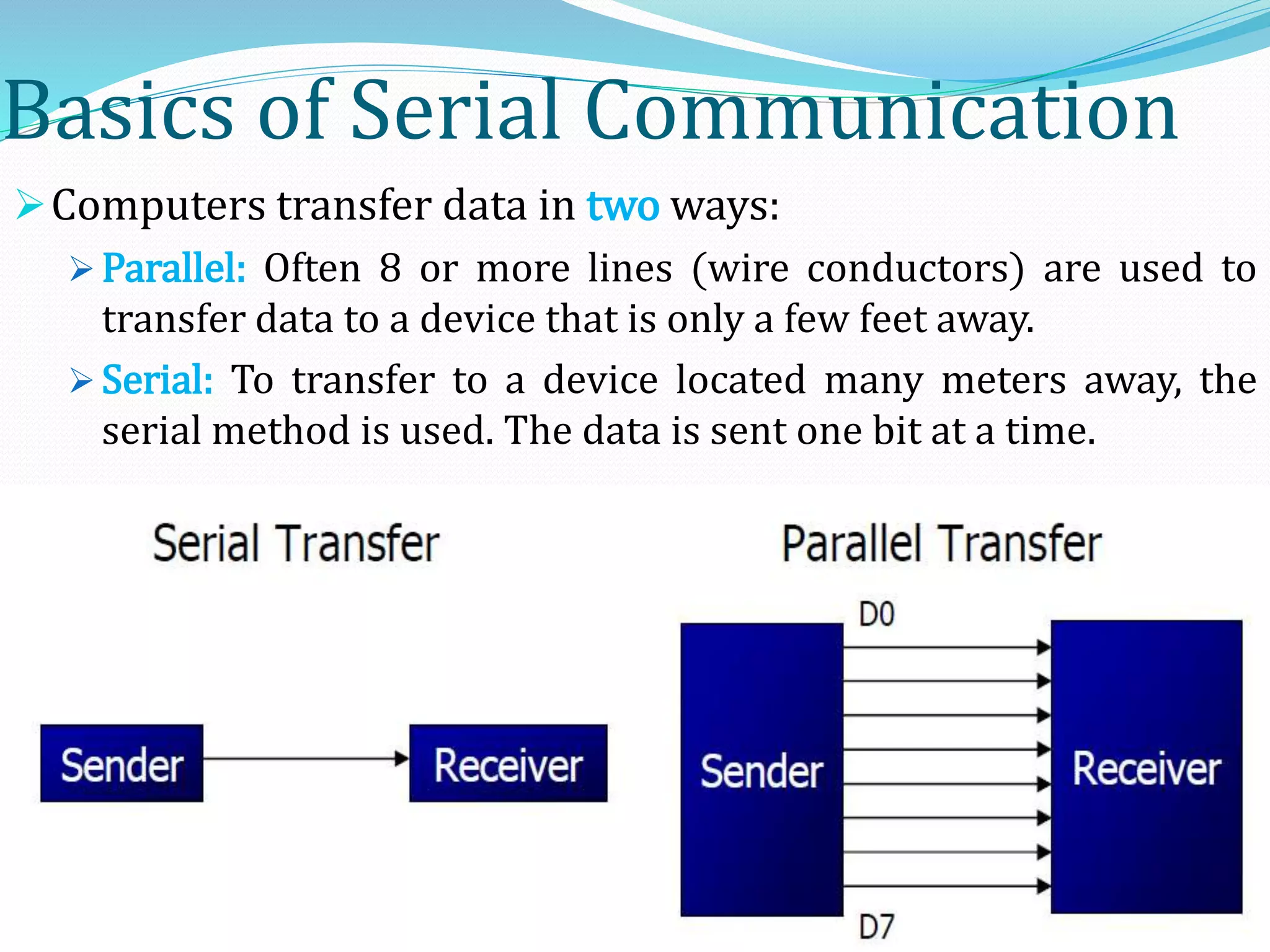 Basics of Serial Communication
Computers transfer data in two ways:
 Parallel: Often 8 or more lines (wire conductors) are used to
transfer data to a device that is only a few feet away.
 Serial: To transfer to a device located many meters away, the
serial method is used. The data is sent one bit at a time.
 