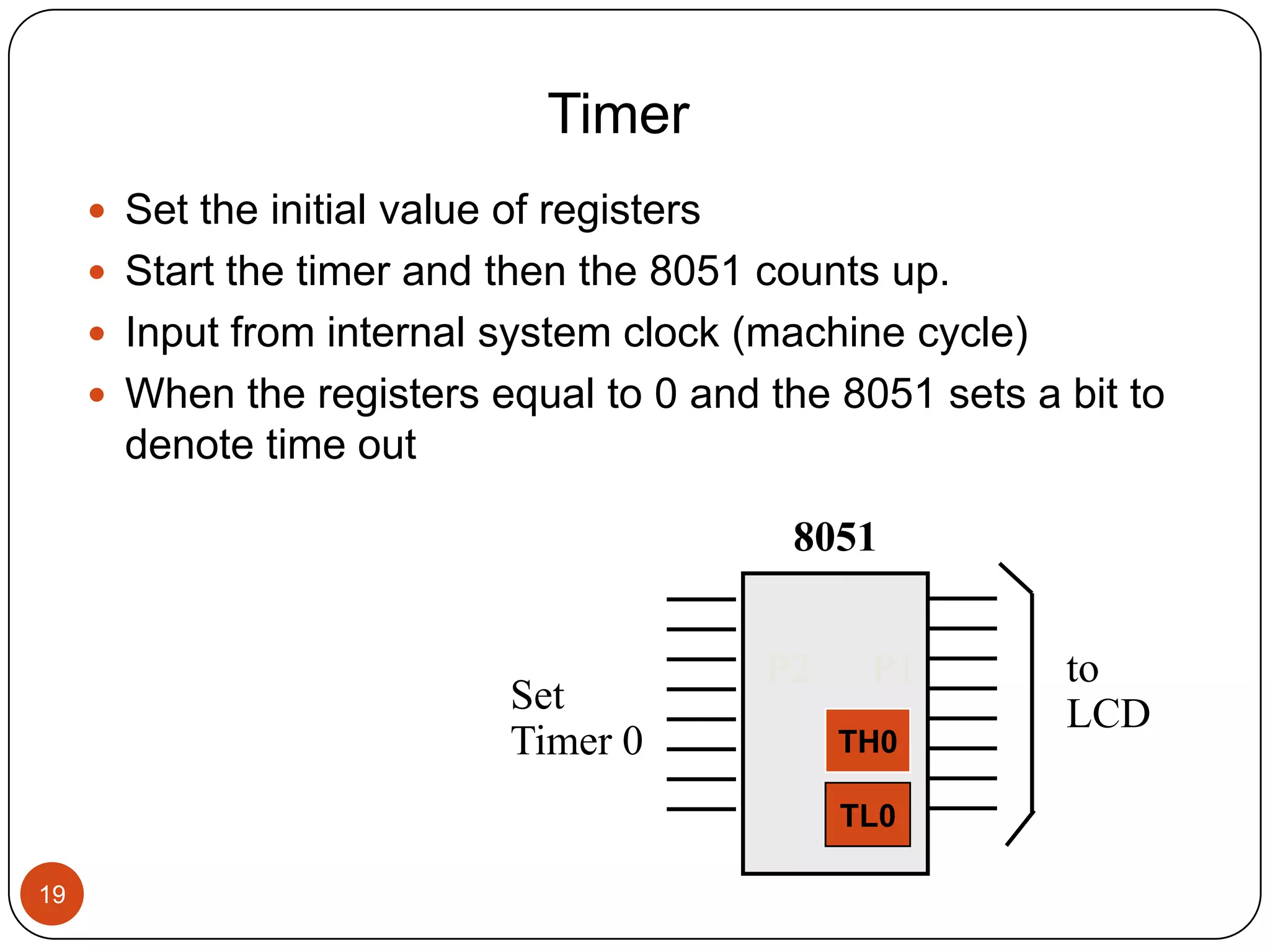 Timer  Set the initial value of registers  Start the timer and then the 8051 counts up.  Input from internal system clock (machine cycle)  When the registers equal to 0 and the 8051 sets a bit to denote time out 8051 P2 P1 to Set LCD Timer 0 TH0 TL0 19 
