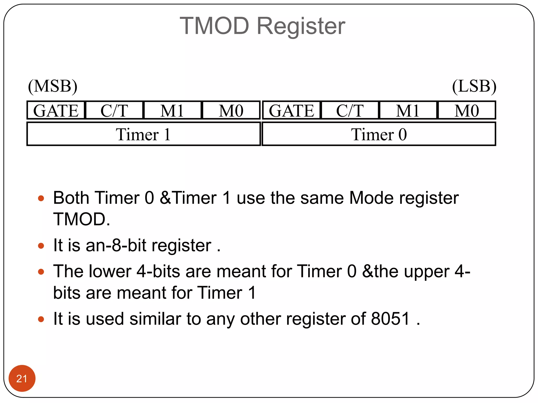 TMOD Register (MSB) (LSB) GATE C/T M1 M0 GATE C/T M1 M0 Timer 1 Timer 0  Both Timer 0 &Timer 1 use the same Mode register TMOD.  It is an-8-bit register .  The lower 4-bits are meant for Timer 0 &the upper 4- bits are meant for Timer 1  It is used similar to any other register of 8051 . 21 