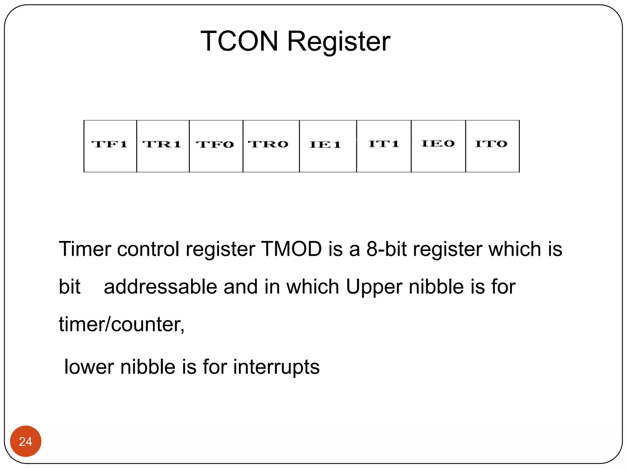 TCON Register Timer control register TMOD is a 8-bit register which is bit addressable and in which Upper nibble is for timer/counter, lower nibble is for interrupts 24 