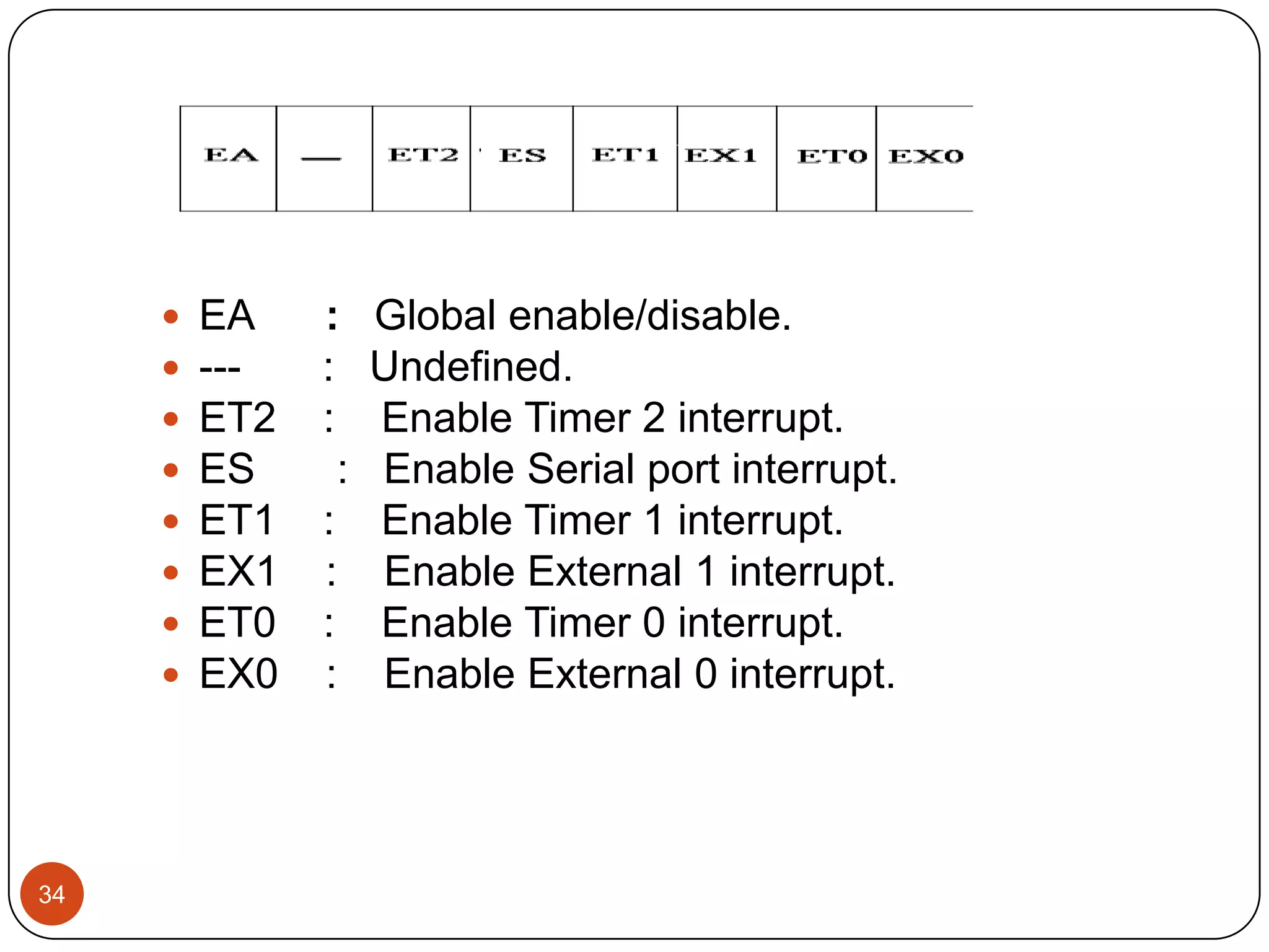  EA : Global enable/disable.  --- : Undefined.  ET2 : Enable Timer 2 interrupt.  ES : Enable Serial port interrupt.  ET1 : Enable Timer 1 interrupt.  EX1 : Enable External 1 interrupt.  ET0 : Enable Timer 0 interrupt.  EX0 : Enable External 0 interrupt. 34 