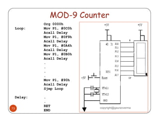 MOD-9 Counter 
Org 0000h 
Loop: Mov P1, #0C0h 
Acall Delay 
Mov P1, #0F9h 
Acall Delay 
Mov P1, #0A4h 
Acall Delay 
Mov P1, #0B0h 
Acall Delay 
. 
. 
. 
. 
Mov P1, #90h 
Acall Delay 
Sjmp Loop 
Delay: . 
73 
. 
RET 
END 
copyright@gauravverma 
 