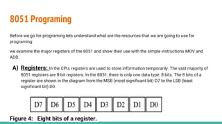 8051 Programing
Before we go for programing lets understand what are the resources that we are going to use for
programing:
we examine the major registers of the 8051 and show their use with the simple instructions MOV and
ADD.
A) Registers: In the CPU, registers are used to store information temporarily. The vast majority of
8051 registers are 8-bit registers. In the 8051, there is only one data type: 8 bits. The 8 bits of a
register are shown in the diagram from the MSB (most significant bit) D7 to the LSB (least
significant bit) D0.
Figure 4: Eight bits of a register.
 