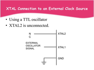XTAL Connection to an External Clock Source


• Using a TTL oscillator
• XTAL2 is unconnected.
             N             XTAL2
             C

           EXTERNAL
           OSCILLATOR
           SIGNAL          XTAL1



                           GND
 