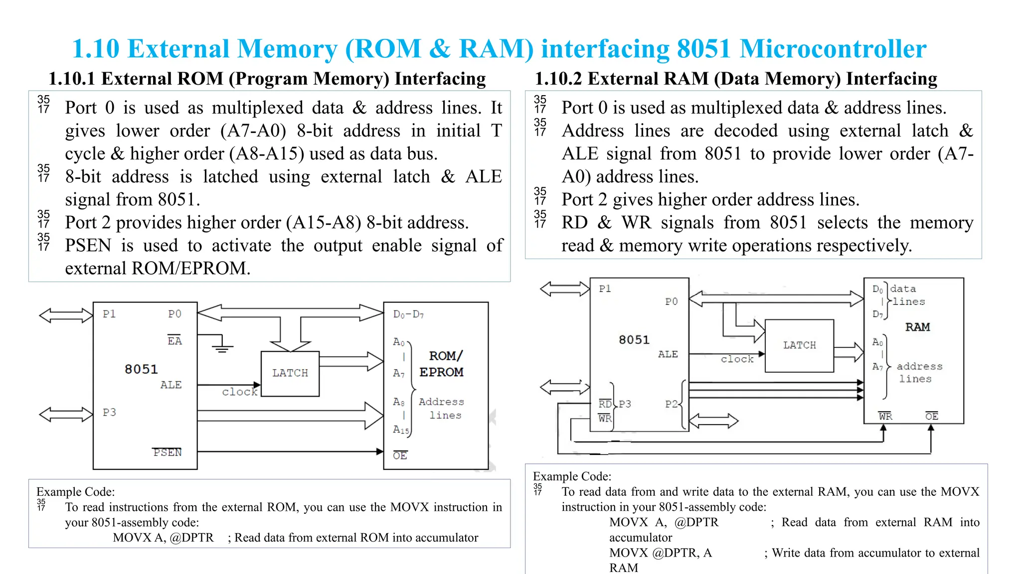 1.10 External Memory (ROM & RAM) interfacing 8051 Microcontroller
1.10.1 External ROM (Program Memory) Interfacing
 Port 0 is used as multiplexed data & address lines. It
gives lower order (A7-A0) 8-bit address in initial T
cycle & higher order (A8-A15) used as data bus.
 8-bit address is latched using external latch & ALE
signal from 8051.
 Port 2 provides higher order (A15-A8) 8-bit address.
 PSEN is used to activate the output enable signal of
external ROM/EPROM.
1.10.2 External RAM (Data Memory) Interfacing
 Port 0 is used as multiplexed data & address lines.
 Address lines are decoded using external latch &
ALE signal from 8051 to provide lower order (A7-
A0) address lines.
 Port 2 gives higher order address lines.
 RD & WR signals from 8051 selects the memory
read & memory write operations respectively.
Example Code:
 To read instructions from the external ROM, you can use the MOVX instruction in
your 8051-assembly code:
MOVX A, @DPTR ; Read data from external ROM into accumulator
Example Code:
 To read data from and write data to the external RAM, you can use the MOVX
instruction in your 8051-assembly code:
MOVX A, @DPTR ; Read data from external RAM into
accumulator
MOVX @DPTR, A ; Write data from accumulator to external
RAM
 