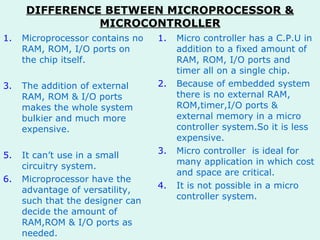DIFFERENCE BETWEEN MICROPROCESSOR & MICROCONTROLLER Microprocessor contains no RAM, ROM, I/O ports on the chip itself. The addition of external RAM, ROM & I/O ports makes the whole system bulkier and much more expensive. It can’t use in a small circuitry system. Microprocessor have the advantage of versatility, such that the designer can decide the amount of RAM,ROM & I/O ports as needed. Micro controller has a C.P.U in addition to a fixed amount of RAM, ROM, I/O ports and timer all on a single chip. Because of embedded system there is no external RAM, ROM,timer,I/O ports & external memory in a micro controller system.So it is less expensive. Micro controller  is ideal for many application in which cost and space are critical. It is not possible in a micro controller system. 