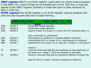 SBUF register: SBUF is an 8-bit register used solely for serial communication in the 8051.For a byte of data to be transferred via the TXD line, it must be placed in the SBUF register.Similarly it holds the byte of data received by 8051’s RXD line. SCON register: The SCON register is an 8-bit register used to program the start bit,stop bit,and data bits of data framing. R1 T1 RB8 TB8 REN SM2 SM1  SM0 SM0 SCON.7 Serial port mode specifier SM1 SCON.6 Serial port mode specifier SM2 SCON.5 used in mode 2 & 3,set to 1 when bit 9 of received data is 1  and a interrupt is  generated.  REN SCON.4 Set/cleared by software to enable/disable reception. TB8 SCON.3 transmitted bit 8 in modes 2 & 3, set/cleared by program RB8 SCON.2 received bit 8 in mode 2 & 3, stop bit in mode 1, not used in  mode 0. T1 SCON.1 Transmit interrupt flag.Set by hardware at the beginning of  the stop bit in mode 1. Must be cleared by software. R1 SCON.0   Receive interrupt flag.Set by hardware halfway through the  stop bit time in mode 1.Must be cleared by software. 