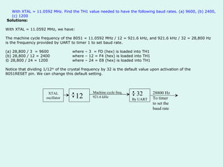 With XTAL = 11.0592 MHz. Find the TH1 value needed to have the following baud rates. (a) 9600, (b) 2400, (c) 1200 Solutions:   With XTAL = 11.0592 MHz, we have:   The machine cycle frequency of the 8051 = 11.0592 MHz / 12 = 921.6 kHz, and 921.6 kHz / 32 = 28,800 Hz is the frequency provided by UART to timer 1 to set baud rate.   (a) 28,800 / 3  = 9600 where – 3  = FD (hex) is loaded into TH1 (b) 28,800 / 12 = 2400 where – 12 = F4 (hex) is loaded into TH1 © 28,800 / 24 = 1200 where – 24 = E8 (hex) is loaded into TH1 Notice that dividing 1/12 th  of the crystal frequency by 32 is the default value upon activation of the 8051RESET pin. We can change this default setting.  XTAL oscillator 12 32 By UART Machine cycle freq. 921.6 kHz 28800 Hz To timer  to set the baud rate 