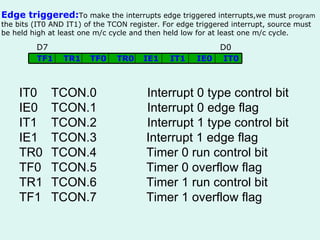 IT0 TCON.0 Interrupt 0 type control bit IE0 TCON.1 Interrupt 0 edge flag IT1 TCON.2 Interrupt 1 type control bit IE1  TCON.3    Interrupt 1 edge flag TR0  TCON.4    Timer 0 run control bit TF0  TCON.5    Timer 0 overflow flag TR1  TCON.6    Timer 1 run control bit TF1  TCON.7    Timer 1 overflow flag Edge triggered: To make the interrupts edge triggered interrupts,we must  program  the bits (IT0 AND IT1) of the TCON register. For edge triggered interrupt, source must be held high at least one m/c cycle and then held low for at least one m/c cycle. IT0 IE0 IT1 IE1 TR0 TF0 TR1 TF1 D7 D0 