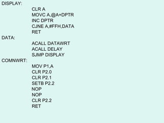 DISPLAY: CLR A MOVC A,@A+DPTR INC DPTR CJNE A,#FFH,DATA RET DATA:  ACALL DATAWRT ACALL DELAY SJMP DISPLAY COMNWRT:   MOV P1,A   CLR P2.0   CLR P2.1   SETB P2.2   NOP   NOP   CLR P2.2   RET 