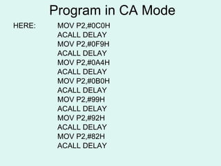 Program in CA Mode HERE: MOV P2,#0C0H ACALL DELAY MOV P2,#0F9H ACALL DELAY MOV P2,#0A4H ACALL DELAY MOV P2,#0B0H ACALL DELAY MOV P2,#99H ACALL DELAY MOV P2,#92H ACALL DELAY MOV P2,#82H ACALL DELAY 