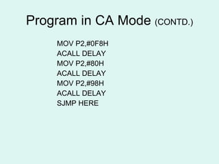 Program in CA Mode  (CONTD.) MOV P2,#0F8H ACALL DELAY MOV P2,#80H ACALL DELAY MOV P2,#98H ACALL DELAY SJMP HERE 