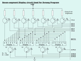 Seven-segment Display circuit Used for Svnseg Program +5V a  b  c  d  e  f  g Display  1 a  b  c  d  e  f  g Display  1 a  b  c  d  e  f  g Display  1 a  b  c  d  e  f  g Display  1 Q a Q b Q c Q d Q e Q f Q g Chose R for  brightness Q 1 Q 2 Q 3 Q 4 cc cc cc cc 7 P1.6 6 P1.5 5 P1.4 4 P1.3 3 P1.2 2 P1.1 1 P1.0 12 P3.2 13 P3.3 14 P3.4 15 P3.5 Q 1  – Q 4 B > 1000 8031 