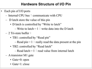 Hardware Structure of I/O Pin
• Each pin of I/O ports
– Internal CPU bus：communicate with CPU
– D latch store the value of this pin
• D latch is controlled by “Write to latch”
– Write to latch＝1：write data into the D latch
– 2 Tri-state buffer：
• TB1: controlled by “Read pin”
– Read pin＝1：really read the data present at the pin
• TB2: controlled by “Read latch”
– Read latch＝1：read value from internal latch
– A transistor M1 gate
• Gate=0: open
• Gate=1: close
 