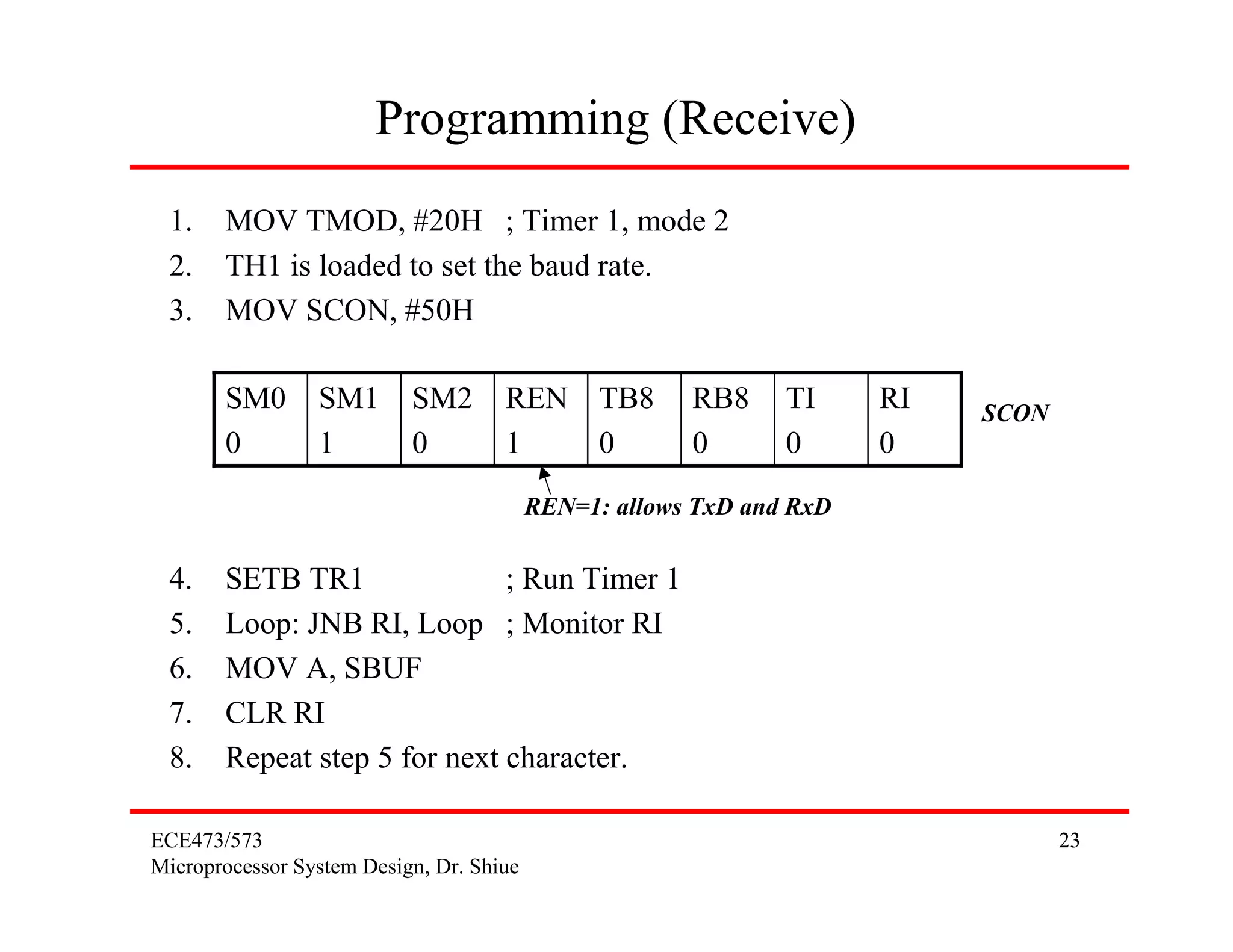 Programming (Receive)
 1.    MOV TMOD, #20H ; Timer 1, mode 2
 2.    TH1 is loaded to set the baud rate.
 3.    MOV SCON, #50H

       SM0       SM1       SM2       REN TB8           RB8     TI     RI   SCON
       0         1         0         1   0             0       0      0
                                          REN=1: allows TxD and RxD

 4.    SETB TR1               ; Run Timer 1
 5.    Loop: JNB RI, Loop ; Monitor RI
 6.    MOV A, SBUF
 7.    CLR RI
 8.    Repeat step 5 for next character.

ECE473/573                                                                        23
Microprocessor System Design, Dr. Shiue
 