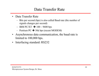 Data Transfer Rate
• Data Transfer Rate
     – Bits per second (bps) is also called Baud rate (the number of
       signals changes per second)
     – IBM PC/XT        100 ~ 9600 bps
     – Pentium PC      56k bps (recent MODEM)
• Asynchronous data communication, the baud rate is
  limited to 100,000 bps.
• Interfacing standard: RS232




ECE473/573                                                             10
Microprocessor System Design, Dr. Shiue
 