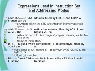 • addr 16 :-------16-bit address. Used by LCALL and LJMP. A
branch can be
–anywhere within the 64K byte Program Memory address
space.
• addr 11:------- 11-bit destination address. Used by ACALL and
AJMP. The branch will be
–within the same 2K byte page of program memory as the first
byte of the
–following instruction.
• rel :------Signed (two’s complement) 8-bit offset byte. Used by
SJMP and all
• conditional jumps. Range is -128 to +127 bytes relative to first
byte of the
• following instruction.
• Bit:----- Direct Addressed bit in Internal Data RAM or Special
Function Register.
 