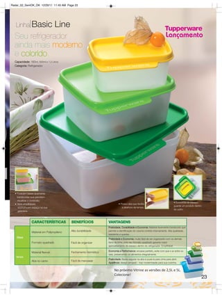 Radar_02_SemOK_OK 12/29/11 11:45 AM Page 23




   Linha Basic Line
  Seu refrigerador                                                                                                       Lançamento
  ainda mais moderno
  e colorido.
  Capacidade: 160ml, 500ml e 1,2 Litros
  Categoria: Refrigerador




  • Possuem bases levemente
    translúcidas que permitem
    visualizar o conteúdo;
                                                                                                                                 • Economia de espaço:
  • Itens empilháveis:                                                      • Possui aba que facilita
                                                                                                                                 guarde um produto dentro
     economizam espaço na sua                                                  a abertura da tampa.
                                                                                                                                 do outro.
     geladeira.



                CARACTERÍSTICAS             BENEFÍCIOS             VANTAGENS
                                                                   Praticidade, Durabilidade e Economia: Material levemente translúcido que
                Material em Polipropileno   Alta durabilidade      permite a identificação do volume contido internamente. Alta qualidade,
                                                                   resistente a quedas.
   Base
                                                                   Praticidade e Economia: muito fácil de ser organizado com os demais
                Formato quadrado            Fácil de organizar     itens da linha, pois seu formato quadrado garante maior
                                                                   aproveitamento do espaço dentro do refrigerador. Empilhável.

                                                                   Economia e Performance: encaixe perfeito, evita com que o ar entre ou
                Material flexível           Fechamento hermético
                                                                   saia, preservando os alimentos integralmente.
   Tampa
                                                                   Praticidade: Basta segurar na aba e puxá-la para cima para abrir.
                Aba no canto                Fácil de manusear
                                                                   Aparência: design arrojado - traz modernidade para sua cozinha.


                                                                        No próximo Vitrine as versões de 2,5L e 5L.
                                                                        Colecione!
                                                                                                                                                            23
 