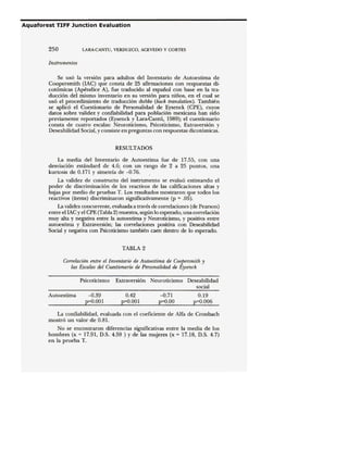 250 lARA-CANTU, VERDUZCO, ACEVEDO y CORTES
Instrumentos
Se usó la versión para adultos del Inventario de Autoestima de
Coopersmith (1AC) que consta de 25 afirmaciones con respuestas di-
cotómicas (Apéndice A), fue traducido al español con base en la tra-
ducción del mismo inventario en su versión para niños, en el cual se
usó el procedimiento de traducción doble (back translation). También
se aplicó el Cuestionario de Personalidad de Eysenck (CPE), cuyos
datos sobre validez y confiabilidad para población mexicana han sido
previamente reportados (Eysenck y Lara-Cantú, 1989); el cuestionario
consta de cuatro escalas: Neuroticismo, Psicoticismo, Extraversión y
Deseabilidad Social, y consiste en preguntas con respuestas dicotómicas.
RESULTADOS
La media del Inventario de Autoestima fue de 17.55, con una
desviación estándard de 4.6; con un rango de 2 a 25 puntos, una
kurtosis de 0.171 y simetría de -0.76.
La validez de constructo del instrumento se evaluó estimando el
poder de discriminación de los reactivos de las calificaciones altas y
bajas por medio de pruebas T. Los resultados mostraron que todos los
reactivos (items) discriminaron significativamente (p = .05).
La validez concurrente, evaluada a través de correlaciones (de Pearson)
entre el IAC y el CPE (Tabla 2) muestra, según lo esperado, una correlación
muy alta y negativa entre la autoestima y Neuroticismo, y positiva entre
autoestima y Extraversión; las correlaciones positiva con Deseabilidad
Social y negativa con Psicoticismo también caen dentro de lo esperado.
TABLA 2
Correlación entre el Inventario de Autoestima de Coopersmitli y
las Escalas del Cuestionario de Personalidad de Eysenck
Psicoticismo Extraversión Neuroticismo Deseabilidad
social
Autoestima -0.39 0.42 -0.71 0.19
p=O.OOI p=O.OOI p=O.OO p=0.006
La confiabilidad, evaluada con el coeficiente de Alfa de Cronbach
mostró un valor de 0.81.
No se encontraron diferencias significativas entre la media de los
hombres (x = 17.91, D.S. 4.59 ) Y de las mujeres (x = 17.18, D.S. 4.7)
en la prueba T.
 
