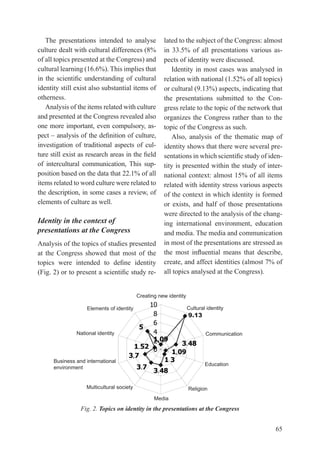 the presentations intended to analyse      lated to the subject of the Congress: almost
culture dealt with cultural differences (8%   in 33.5% of all presentations various as-
of all topics presented at the Congress) and  pects of identity were discussed.
cultural learning (16.6%). this implies that     Identity in most cases was analysed in
in	 the	 scientific	 understanding	 of	 cultural	
                                              relation with national (1.52% of all topics)
identity still exist also substantial items ofor cultural (9.13%) aspects, indicating that
otherness.                                    the presentations submitted to the Con-
   Analysis of the items related with culture gress relate to the topic of the network that
and presented at the Congress revealed also   organizes the Congress rather than to the
one more important, even compulsory, as-      topic of the Congress as such.
pect	–	analysis	of	the	definition	of	culture,	   Also, analysis of the thematic map of
investigation of traditional aspects of cul-  identity shows that there were several pre-
ture	still	exist	as	research	areas	in	the	field	
                                              sentations	in	which	scientific	study	of	iden-
of intercultural communication, this sup-     tity is presented within the study of inter-
position based on the data that 22.1% of all  national context: almost 15% of all items
items related to word culture were related to related with identity stress various aspects
the description, in some cases a review, of   of the context in which identity is formed
elements of culture as well.                  or exists, and half of those presentations
                                              were directed to the analysis of the chang-
Identity in the context of                    ing international environment, education
presentations at the Congress                 and media. the media and communication
Analysis of the topics of studies presented in most of the presentations are stressed as
at the Congress showed that most of the the	 most	 influential	 means	 that	 describe,	
topics	 were	 intended	 to	 define	 identity	 create, and affect identities (almost 7% of
(Fig.	2)	or	to	present	a	scientific	study	re- all topics analysed at the Congress).


                                           Creating new identity

                    Elements of identity                           Cultural identity
                                                                   9.13

               National identity                                           Communication
                                                    .
                                           .                   .
                                       .                   .
      Business and international
                                                                           Education
      environment                              .    .
                   Multicultural society                           Religion
                                                   Media
                 Fig. 2. Topics on identity in the presentations at the Congress


                                                                                           65
 