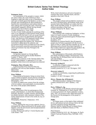 British Culture: Series Two: British Theology
                                            Author Index

                                                                With a brief exhortation to all sorts of people to
Penington, Isaac.                                               examine their ways, and their hearts, and turn
    An examination of the grounds or causes, which              speedily to the Lord; 15th ed.
are said to induce the court of Boston in New-
England to make that order or law of banishment                 Penn, William.
upon pain of death against the Quakers; as also of the              The people's antient and just liberties asserted, in
grounds and considerations by them produced to                  the tryal of William Penn, and William mead, at the
manifest the warrantableness and justness both of               sessions held at the Old-Baily in London, the first,
their making and executing the same, which they now             third, fourth and fifth of Sept. 70. against the most
stand deeply engaged to defend, having already                  arbitrary procedure of that court.
thereupon put two of them to death.                             London, Printed for W. Butler. 1682
London: Printed for L. Loyd. 1660
As also of some further grounds for justifying of the           [Penn, William].
same, in an Appendix to John Norton's book (which                   Plain-dealing with a traducing Anabaptist: or three
was printed after the book it self, yet as part thereof)        letters writ upon occasion of some slanderous
whereto he is said to be appointed by the General               reflections, given and promoted against William Penn
Court. And likewise of the arguments briefly hinted             by one John Morse.
in that which is called, A true relation of the                 [London]. 1672
proceedings against the Quakers, &c. Whereunto                  Published for common benefit, that all impartial
somewhat is added about the authority and                       people may be better acquainted with the invective
government which Christ excluded out of his church,             spirit of some so called, and their ungodly sly way of
which occasioneth somewhat concerning the true                  defaming such as dissent from them especially in
church-government. By Isaac Penington, the                      their restless indeavours against the poor Quakers. By
younger.                                                        a lover of charity and sincerity in all, W.P.
Penington, John.                                                Penn, William.
   An apostate exposed: or, George Keith                           Rise and progress of the people called Quakers;
contradicting himself and his brother Bradford.                 also Sandy foundation shaken, and Innocency with
London, T. Sowle. 1695                                          her open face, by William Penn, with his letter to his
Wherein their testimony to the Christian faith of the           wife and children.
people called Quakers, is opposed to G. K.'s late               Philadelphia, T.E. Chapman. 1855
pamphlet, stiled, Gross error and hypocrisie detected.
                                                                Perceval, A[rthur] P.
Penington, Mary (Proude), Mrs.                                     A collection of papers connected with the
   A grief account of my exercises from my                      theological movement of 1833.
childhood: left with my dear daughter, Gulielma                 London, printed for J.C.F. & J. Rivington. 1842
Maria Penn.
Philadelphia. 1848                                              Perceval, Arthur P.
                                                                   A letter to Lord Henley, respecting his publication
Penn, William.                                                  on church reform.
   Argumentum ad hominem: being an extract from                 London, J., G. & F. Rivington. 1832
a piece intitled, England's present interest considered,
with honour to the prince, and safety to the people.            [Percy, Thomas, bp. of Dromore].
Philadelphia. 1775                                                 Miscellaneous pieces relating to the Chinese.
To which are added some extracts from the writings              London, Printed for R. and J. Dodsley. 1762
of divers authors, more particularly recommended to             2v.
the notice of the people called Quakers.
                                                                Perry, William S., bp.
Penn, William.                                                     The centenary of the British colonial episcopate.
    A brief account of the rise and progress of the             Grinnell, Ia., Published for S. Paul's church. 1887
people called Quakers, in which their fundamental               A sermon preached in St. Paul's cathedral, London,
principle, doctrines, worship, ministry and discipline          June, 1887, on occasion of the 186th anniversary of
are plainly declared; with a summary relation of the            the Society for the propagation of the gospel in
former dispensations of God in the world, by way of             foreign parts.
introduction.
Philadelphia, Printed by J. Rakestraw. 1816                     Phillis.
                                                                   An elegiac poem, on the death of that celebrated
Penn, William.                                                  divine, and eminent servant of Jesus Christ, the late
    A key, opening the way to every capacity; how to            reverend, and pious George Whitefield.
distinguish the religion professed by the people called         [Boston, Sold by Ezekial Russell in Queen-Street,
Quakers, from the perversions and misrepresentations            and John Byles, in Marlboro-Street]. [1770]
of their adversaries.
London, Printed and sold by T. Sowle Raylton and                Plain Sermons.
Luke Hinde. 1748                                                London, Printed for J.G.F. & J. Rivington, St. Paul's
                                                                Church Yard and Waterloo Place, Pall Mall. 1839-
                                                                1848
                                                           56
 