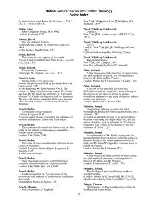 British Culture: Series Two: British Theology
                                           Author Index

By contributors to the Tracts for the times…; Vol. 1-        New York, D Appleton & co. Philadelphia, G.S.
(No. 1 - ) 1839-1848; 10v.                                   Appleton. 1849

Pollen, Anne.                                                Praed, Winthrop Mackworth.
  John Hungerford Pollen, 1820-1902.                            Charades.
London, J. Murray. 1912                                      New York [E.O. Jenkins, printer] MDCCLII. [i.e.
                                                             1853]
Pollock, David.
   The life of Robert Pollock.                               Praed, Winthrop Mackworth.
Edinburgh and London, W. Blackwood and sons.                    Essays.
1843                                                         London, New York [etc.] G. Routledge and sons.
By his brother, David Pollok, A.M.                           1887
                                                             Collected and arranged by Sir George Young.
Pollok, Robert.
   The course of time, a poem, in ten books.                 Praed, Winthrop Mackworth.
Boston, Crocker and Brewster; New York, J. Leavitt;            The poetical works.
[etc., etc.]. 1828                                           New York, H.G. Langley. 1844
                                                             Now first collected by Rufus W. Griswold.
Pollok, Robert.
  Tales of the Covenanters.                                  Price, Richard.
Edinburgh, W. Oliphant; [etc., etc.]. 1833                      A free discussion of the doctrines of materialism,
                                                             and philosophical necessity, in a correspondence
Pomfret, John.                                               between Dr. Price and Dr. Priestly.
   Poems upon several occasions.                             London, Printed for J. Johnson and T. Cadell. 1778
Boston: Re-printed and Sold by Zecharian Fowle in
Queen-street. 1751                                           Price, Richard.
By the Reverend Mr. John Pomfret. Viz. I. The                   A review of the principal questions and
choice. II. Love triumphant over reason. III. Cruelty        difficulties in morals; particularly those relating to
and lust. IV. On the divine attributes. V. A prospect        the original of our ideas of virtue, its nature,
of death. VI. On the conflagration and last judgment.        foundation, reference to the deity, obligation, subject-
The eleventh edition, corrected. With some account           matter, and sanctions.
of his life and writings. To which are added, his            London, Printed for A. Millar. 1758
Remains.
                                                             Priestley, Joseph.
Powell, Baden.                                                  Disquisitions relating to matter and spirit.
   Christianity without Judaism.                             Birmingham, Printed by Pearson and Rollason, for J.
London, Longman. 1857                                        Johnson. 1782
A second series of essays including the substance of         To which is added the history of the philosophical
sermons delivered in London and other places.                doctrine concerning the origin of the soul, and the
                                                             nature of matter; with its influence of Christianity,
Powell, Baden.                                               especially with respect to the doctrine of the pre-
   The connexion of natural and divine truth; or, The        existence of Christ…; 2v.
study of the inductive philosophy, considered as
subservient to theology.                                     Priestley, Joseph.
London, J.W. Parker. 1838                                        An examination of Dr. Reid's Inquiry into the
                                                             human mind on the principles of common sense, Dr.
Powell, Baden.                                               Beattie's Essay on the nature and immutability of
   The order of nature considered in reference to the        truth, and Dr. Oswald's Appeal to common sense in
claims of revelation.                                        behalf of religion.
London, Longman, Brown, Green, Longmans &                    London, Printed for J. Johnson. 1775
Roberts. 1859
A third series of essays.                                    Priestley, Joseph.
                                                                A free discussion of the doctrine of materialism,
Powell, Baden.                                               and philosophical necessity, in correspondence
   State education considered with reference to              between Dr. Price, and Dr. Priestley.
prevalent misconceptions on religious grounds.               London, J. Johnson and T. Cadell. 1778
London, J.W. Parker: [etc., etc.]. 1840
                                                             Priestley, Joseph.
Powell, Baden.                                                  The theological and miscellaneous works of
   Tradition unveiled: or, An exposition of the              Joseph Priestley.
pretensions and tendency of authoritative teaching in        [London, Printed by G. Smallfield]. [1817-1832]
the church.                                                  edited, with notes, by John Towill Rutt; 25v, in 26.
Philadelphia, Booker & Agnew. 1841
                                                             Pringle, Thomas.
Powell, Thomas.                                                 Ephemerides: or, Occasional poems, written in
  The living authors of England.                             Scotland and South Africa.
                                                        57
 