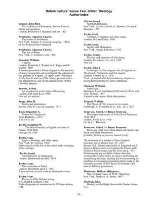 British Culture: Series Two: British Theology
                                            Author Index

                                                               [Taylor, Isaac].
Sumner, John Bird.                                                Spiritual despotism.
   The evidence of Christianity, derived from its              New York, Leavitt, Lord & co.; Boston, Crocker &
nature and reception.                                          Brewster. 1835
London, Printed for J. Hatchard and son. 1824
                                                               Taylor, Isaac.
Swinburne, Algernon Charles.                                     Ultimate civilization, and other essays.
   The poems of Swinburne.                                     London, Bell and Daldy. 1860
New York, Thomas Y. Crowell company. [1884]
ed. by Richard Henry Stoddard.                                 Taylor, Isaac.
                                                                 Wesley and Methodism.
Swinburne, Algernon Charles.                                   New York, Harper & brothers. 1852
  The tale of Balen.
New York, C. Scribner's sons. 1896                             Taylor, Jeremy.
                                                                 The rule and exercises of holy dying.
Symonds, William.                                              London, Rivington; [etc., etc.]. 1869
   Virginia.                                                   New ed.
London, Printed by I. Windet for E. Edgar and W.
Werlby. 1609                                                   Taylor, John J.
A sermon preached at White-chappel, in the presence               A retrospect of the religious life of England; or,
of many, honourable and worshipfull, the aduenturers           The church, Puritanism, and free inquiry.
and planters of Virginia. 25. April. 1609. Pvblished           London, Trubner & co. 1876
for the benefit and vse of the colony, planted, and to         2d ed., re-issued with the introductory chapter on
bee planted there, and for the aduancement of their            recent developments, by James Martineau.
Christian purpose.
                                                               [Tennant, William].
Symons, Arthur.                                                   Anster fair.
  An introduction to the study of Browning.                    Baltimore, Coale and Maxwell [Printed by Wells and
London, J.M. Dent & co. 1906                                   Lilly, Boston]. 1815
New ed, rev and enl.                                           A poem in six cantos. With other poems.
Synge, John M.                                                 Tennant, William.
  Poems and translations.                                         The Thane of Fife; a poem in six cantos.
Boston, John W. Luce & company. 1911                           Edinburgh, A. Constable & co.; [etc., etc.]. 1822
Taine, Hippolyte A.                                            Tennyson, Alfred, 1st Baron Tennyson.
   Notesa sur l'Angleterre.                                       The suppressed poems of Alfred Lord Tennyson,
Paris, Hachette. c.1872                                        1830-1868.
2 ed rev et. cor.                                              London, Sands & co. 1910
                                                               Ed. by J.C. Thomson.
Taylor, Houghton W.
    … The idea of locality in English criticism of             Tennyson, Alfred, 1st Baron Tennyson.
fiction, 1750-1830.                                               Tennyson, with four colour plates and twenty-two
Chicago, Ill. 1936                                             black and white illustrations.
                                                               [London] Britain in pictures, limited. [n.d.]
Taylor, Isaac.
   Logic in theology, and other essays.                        The testimony of a number of New-England-
New York, W. Gowans. 1860                                      ministers met at Boston Sept. 25. 1745.
With a sketch of the life of the author and a catalogue        Boston: N.E. Printed and sold by S. Kneeland and T.
of his writings.                                               Green in Queen-street over against the Prison, and J.
                                                               Winter in Union-street near the Town dock. 1745
[Taylor, Isaac].                                               Professing the ancient faith of these churches;
  Natural history of enthusiasm.                               inviting others who sold it, to unite in professing and
London, Holdsworth and Ball. 1834                              maintaining the same; reciting and recommending an
                                                               excellent act concerning preaching lately made by the
Taylor, Isaac.                                                 General assembly of the Church of Scotland. [Six
   The restoration of belief.                                  lines of Biblical quotations].
London, Macmillan and Co. 1864
A new edition, revised, with an additional section.            Thackeray, William Makepeace.
                                                                 The complete poems of W.M. Thackeray.
Taylor, Isaac.                                                 New York, Frederick A. Stokes. 1887
  The spirit of the Hebrew poetry.
N.Y, Rudd & Carleton. 1862                                     Thelwall, John.
With a biographical introduction by William Adams,               Monody on the Right Honourable Charles James
D.D.                                                           Fox.

                                                          69
 