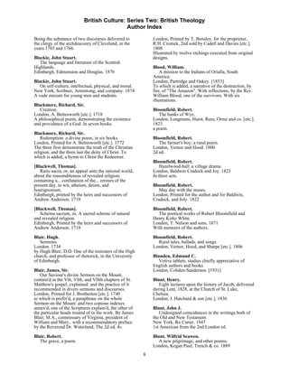 British Culture: Series Two: British Theology
                                            Author Index

Being the substance of two discourses delivered to           London, Printed by T. Bensley, for the proprietor,
the clergy of the archdeaconry of Cleveland, in the          R.H. Cromek, 2nd sold by Cadell and Davies [etc.].
years 1765 and 1766.                                         1808
                                                             Illustrated by twelve etchings executed from original
Blackie, John Stuart.                                        designs.
   The language and literature of the Scottish
Highlands.                                                   Blood, William.
Edinburgh, Edmonston and Douglas. 1876                           A mission to the Indians of Orialla, South
                                                             America.
Blackie, John Stuart.                                        London, Partridge and Oakey. [1853]
   On self-culture, intellectual, physical, and moral.       To which is added, a narrative of the destruction, by
New York, Scribner, Armstrong, and company. 1874             fire, of "The Amazon". With reflections, by the Rev.
A vade mecum for young men and students.                     William Blood, one of the survivors. With six
                                                             illustrations.
Blackmore, Richard, Sir.
   Creation.                                                 Bloomfield, Robert.
London, A. Bettesworth [etc.]. 1718                             The banks of Wye.
A philosophical poem, demonstrating the existence            London, Longmans, Hurst, Rees, Orme and co. [etc.].
and providence of a God. In seven books.                     1823
                                                             a poem.
Blackmore, Richard, Sir.
    Redemption: a divine poem, in six books.                 Bloomfield, Robert.
London, Printed for A. Bettesworth [etc.]. 1772                 The farmer's boy; a rural poem.
The three first demonstrate the truth of the Christian       London, Vernor and Hood. 1800
religion, and the three last the deity of Christ. To         2d ed.
which is added, a hymn to Christ the Redeemer.
                                                             Bloomfield, Robert.
[Blackwell, Thomas].                                             Hazelwood-hall: a village drama.
   Ratio sacra; or, an appeal unto the rational world,       London, Baldwin Cradock and Joy. 1823
about the reasonableness of revealed religion:               In three acts.
containing a... confutation of the... errours of the
present day, to wit, atheism, deism, and                     Bloomfield, Robert.
bourignonism.                                                   May day with the muses.
Edinburgh, printed by the heirs and successors of            London, Printed for the author and for Baldwin,
Andrew Anderson. 1710                                        Cradock, and Joly. 1822

[Blackwell, Thomas].                                         Bloomfield, Robert.
   Schema sacrum, or, A sacred scheme of natural                The poetical works of Robert Bloomfield and
and revealed religion.                                       Henry Kirke White.
Edinburgh, Printed by the heirs and successors of            London, T. Nelson and sons. 1871
Andrew Anderson. 1710                                        With memoirs of the authors.

Blair, Hugh.                                                 Bloomfield, Robert.
   Sermons.                                                     Rural tales, ballads, and songs.
London. 1734                                                 London, Vernor, Hood, and Sharpe [etc.]. 1806
by Hugh Blair, D.D. One of the ministers of the High
church, and professor of rhetorick, in the University        Blunden, Edmund C.
of Edinburgh.                                                   Votive tablets; studies chiefly appreciative of
                                                             English authors and books.
Blair, James, Sir.                                           London, Cobden-Sanderson. [1931]
   Our Saviour's divine Sermon on the Mount,
contain'd in the Vth, VIth, and VIIth chapters of St.        Blunt, Henry.
Matthew's gospel, explained: and the practice of it             Eight lectures upon the history of Jacob; delivered
recommended in divers sermons and discourses.                during Lent, 1828, at the Church of St. Luke,
London, Printed for J. Brotherton [etc.]. 1740               Chelsea.
to which is prefix'd, a paraphrase on the whole              London, J. Hatchard & son [etc.]. 1836
Sermon on the Mount: and two copious indexes
annex'd; one of the Scriptures explain'd, the other of       Blunt, John J.
the particular heads treated of in the work. By James           Undesigned coincidences in the writings both of
Blair, M.A., commissary of Virginia, president of            the Old and New Testament.
William and Mary.. with a recommendatory preface             New York, Ro Carter. 1847
by the Reverend Dr. Waterland; The 2d ed; 4v.                1st American from the 2nd London ed.

Blair, Robert.                                               Blunt, Wilfrid Scawen.
   The grave, a poem.                                           A new pilgrimage, and other poems.
                                                             London, Kegan Paul, Trench & co. 1889
                                                         8
 